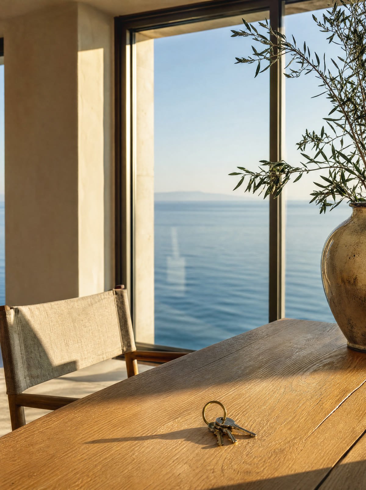 Soggiorno luminoso con vista sul mare e un mazzo di chiavi sul tavolo
